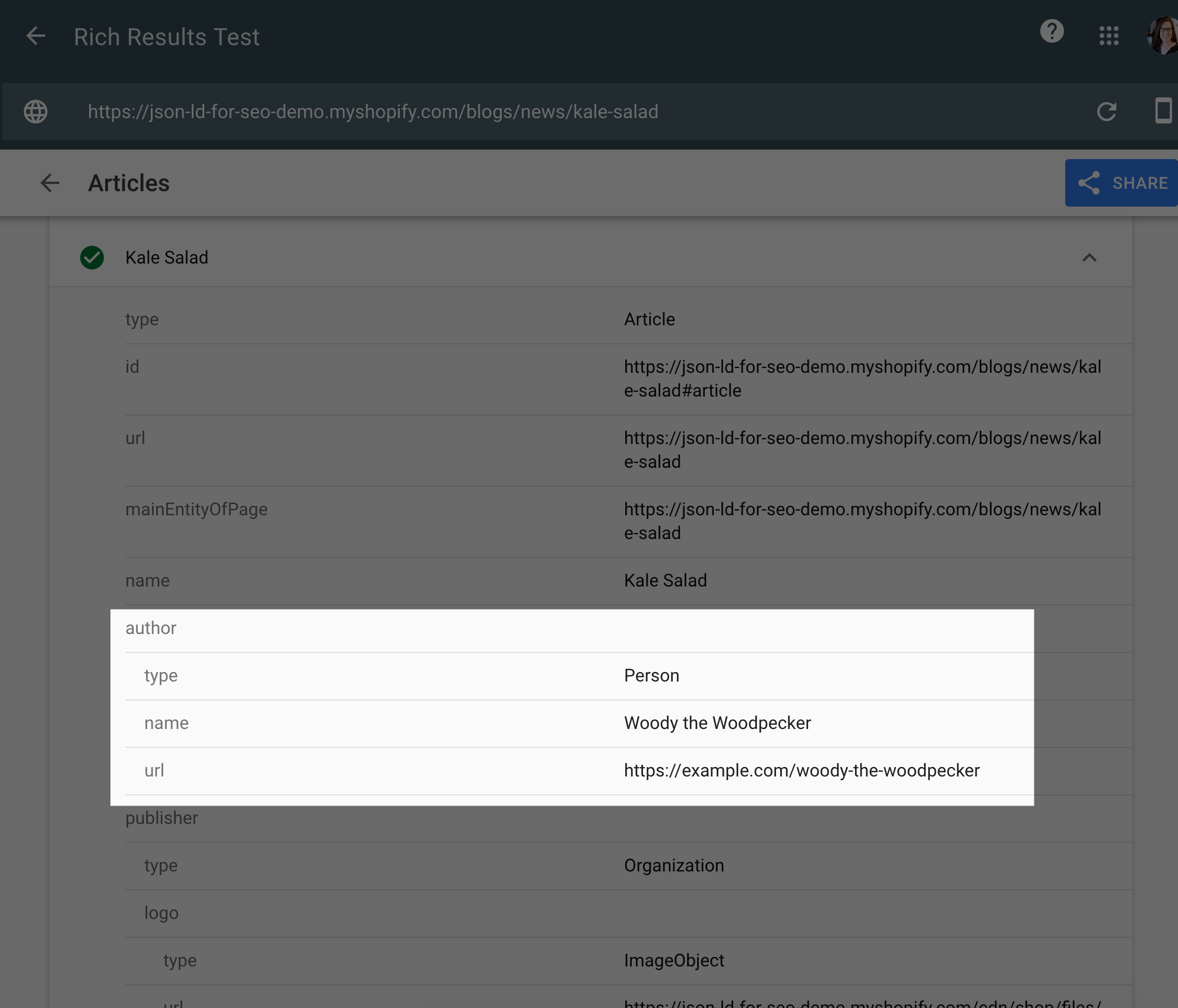 Rich Results structured data test example output for the author and author URL data.