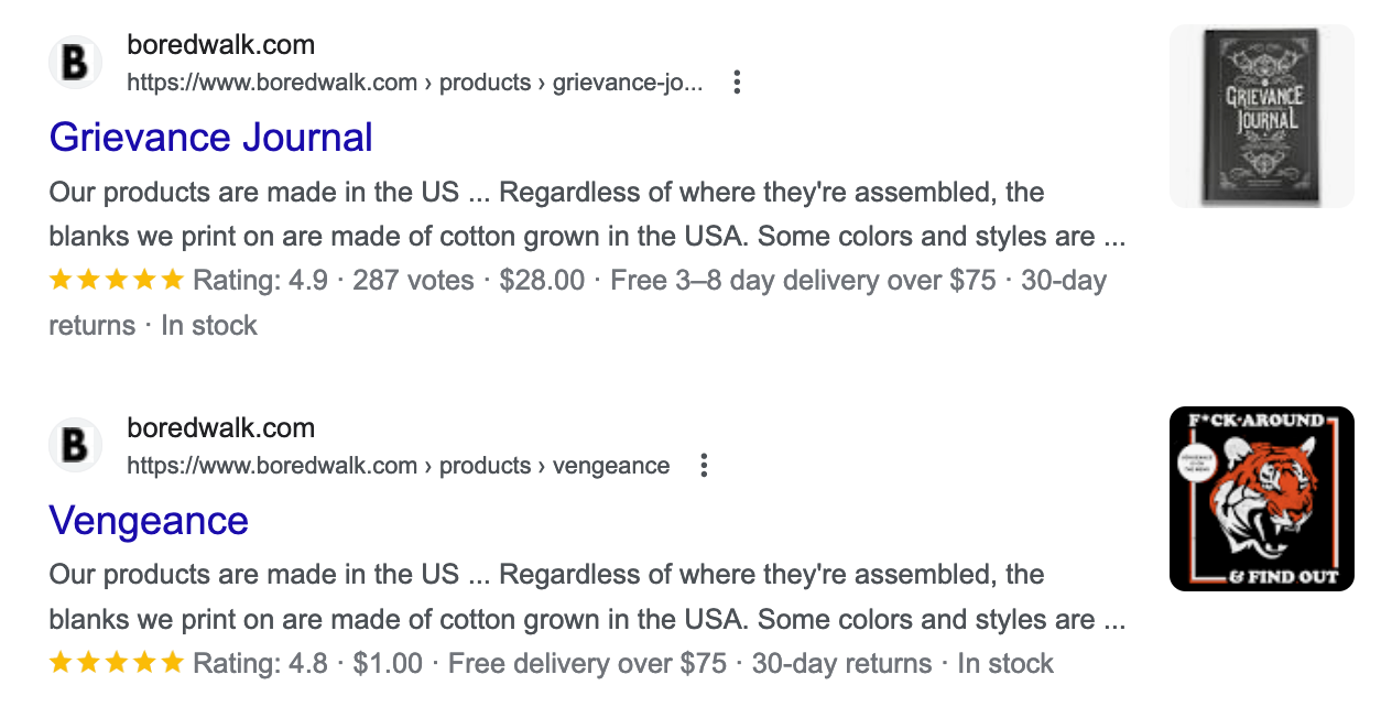 Boredwalk.com Google Search Results for two products showing reviews, price, delivery window in days, delivery costs, return windows, and product availability.