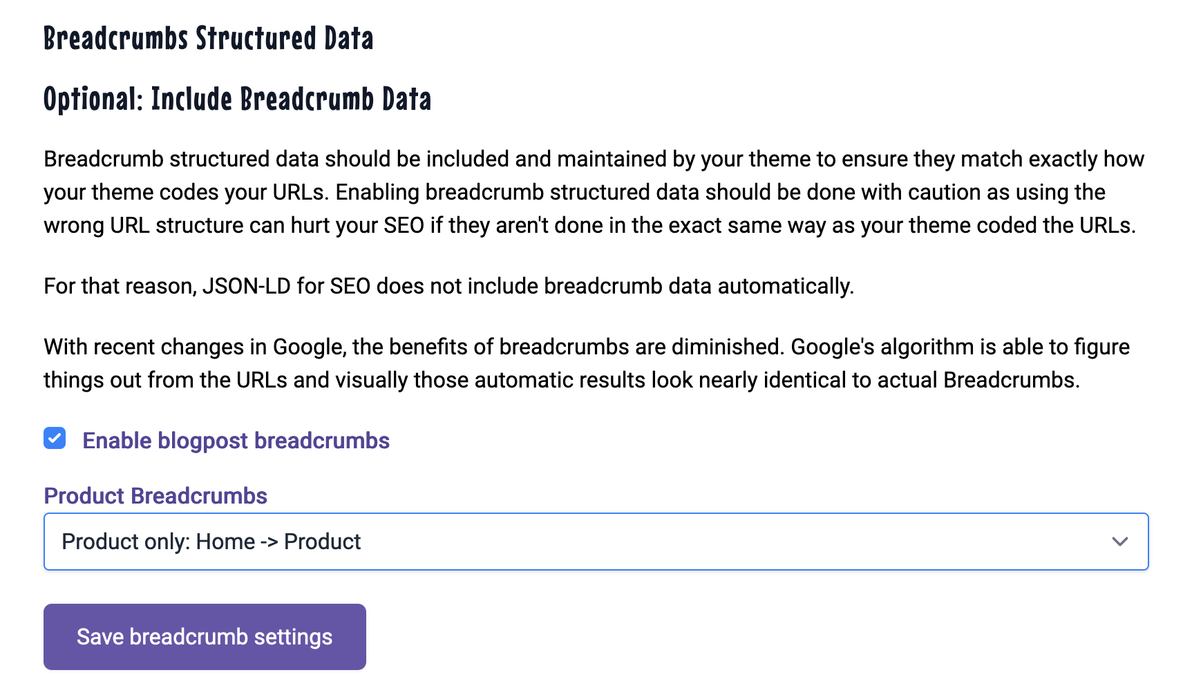 Optional breadcrumb settings in JSON-LD for SEO for blogpost and products.