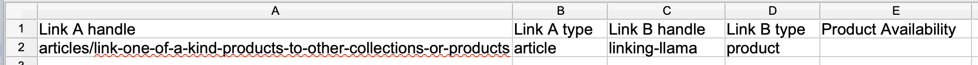 Bulk import example for Linking Llama. Link A Handle = articles/link-one-of-a-kind-products-to-other-collections-or-products. Link A Type = article. Link B Handle = linking-llama. Link B Type = product.