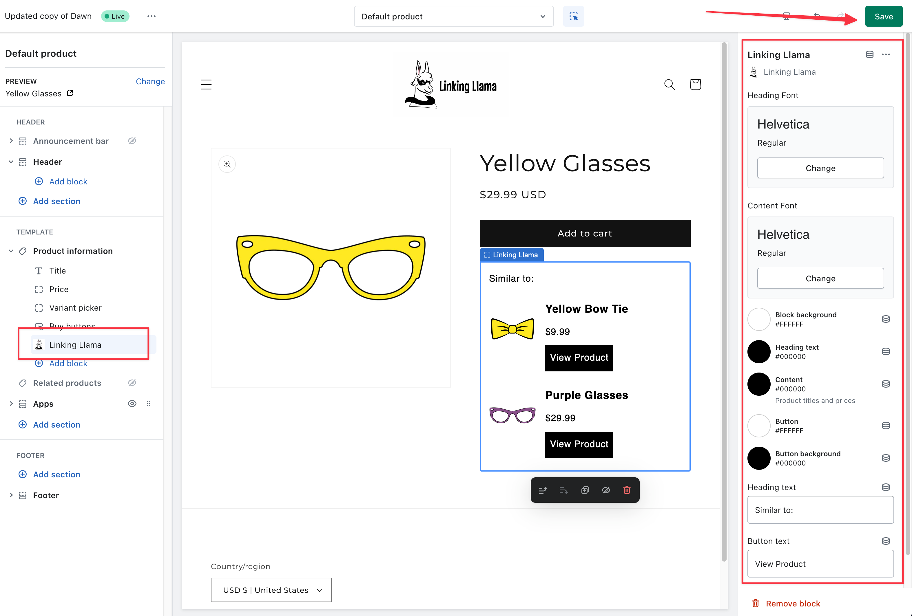 In the theme customizer, the Linking Llama app has been added to the product template and settings on the right side are available for customization. Save button is highlighted green to make sure you save.