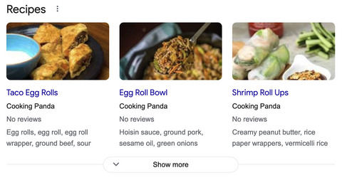 Cookingpanda.com recipe carousel rich result showing three recipes in regular Google search.