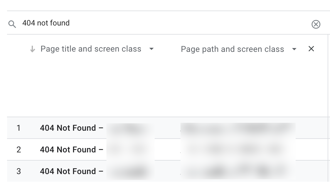 Screenshot from GA4 using a search of 404 not found. In the table shows the page title and screen class begins with 404 Not Found.