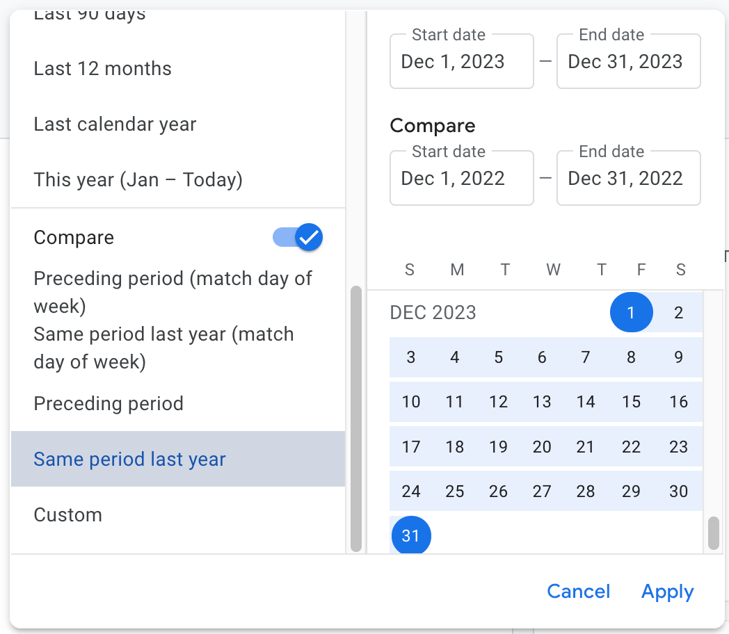 Google Analytics 4 date selection and compare with same period last year