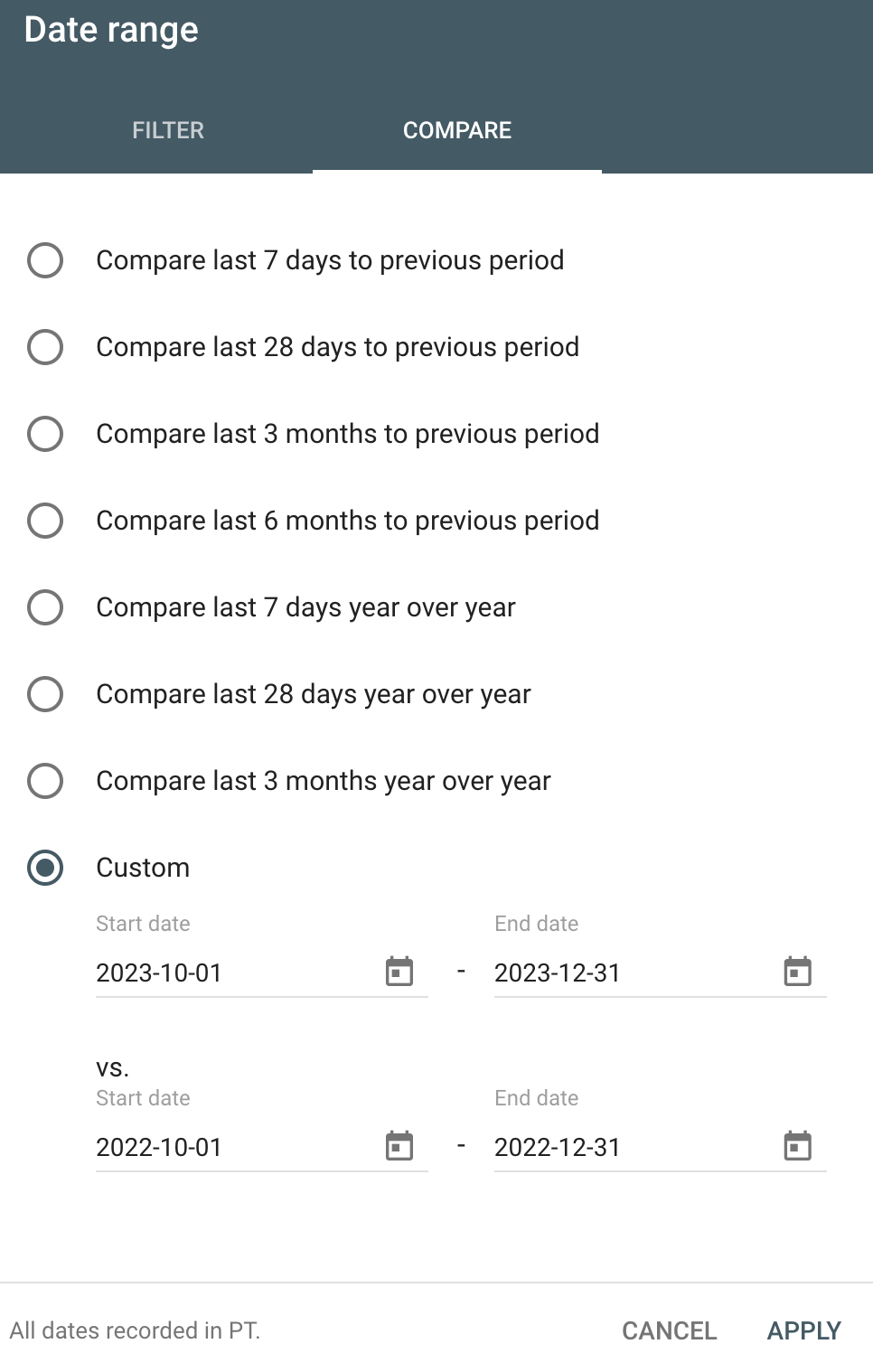 Google Search Console custom date selection and compare with same period last year