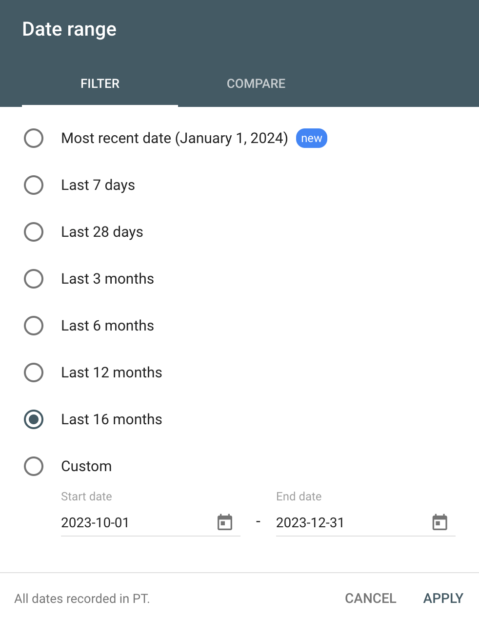 Google Search Console last 16 months date selection