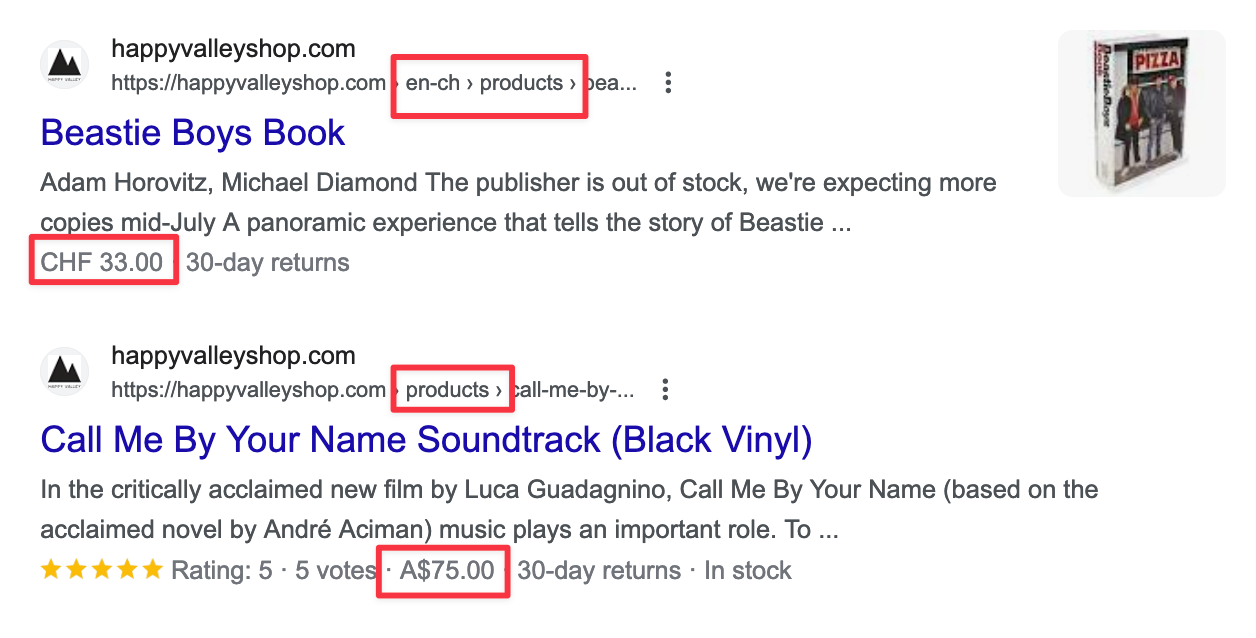 Happy Valley Shop Rich Results showing different URLs, one with the subfolder and the other with out. Also shows two different curencies for CHF and AUD.