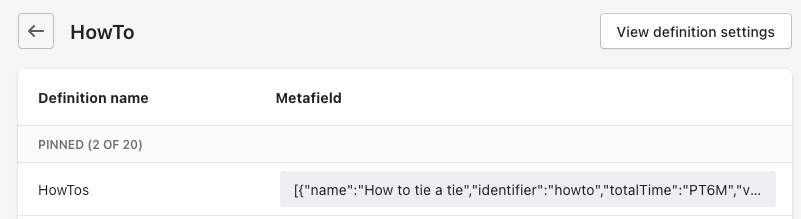 HowTo in the Shopify Admin's metafield with the value pasted into the field. 