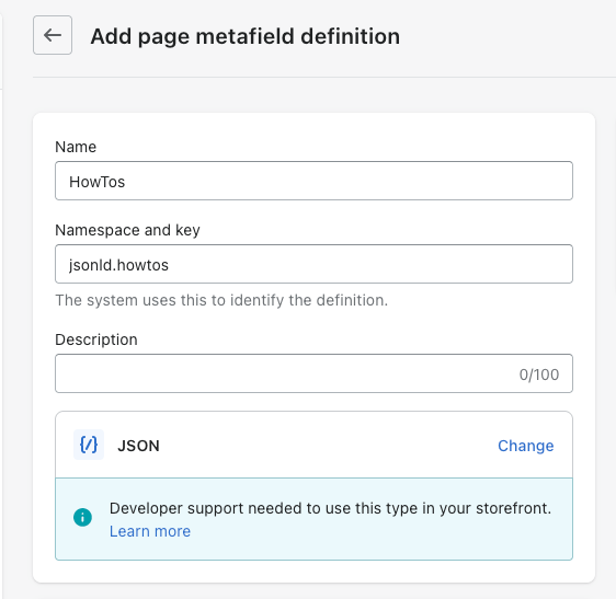 Image of the expected metafield namespace, key and type in Shopify's Metafield section.