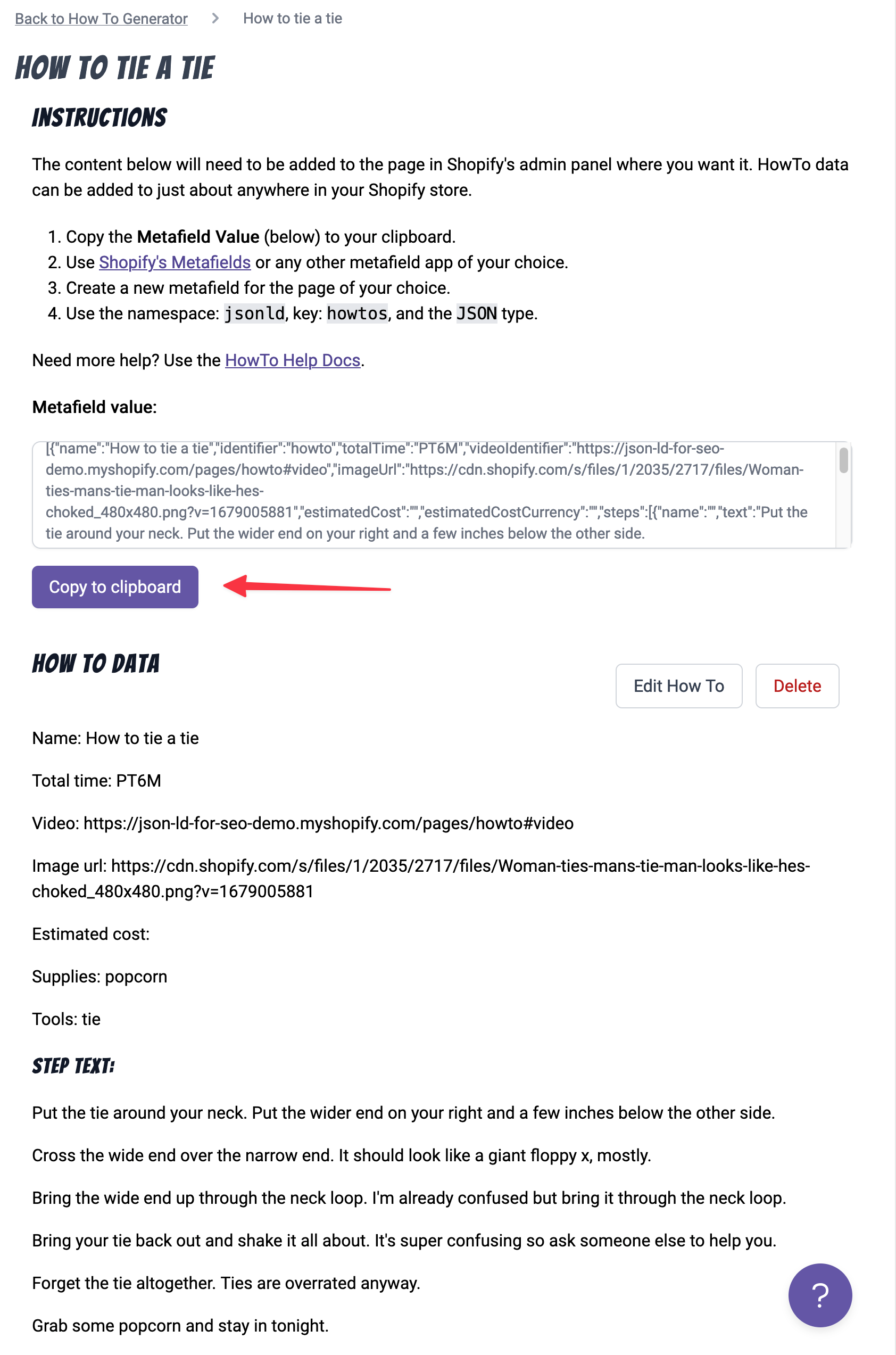 HowTo Generator page with the completed output. Arrow pointing to the Copy to clipboard button.