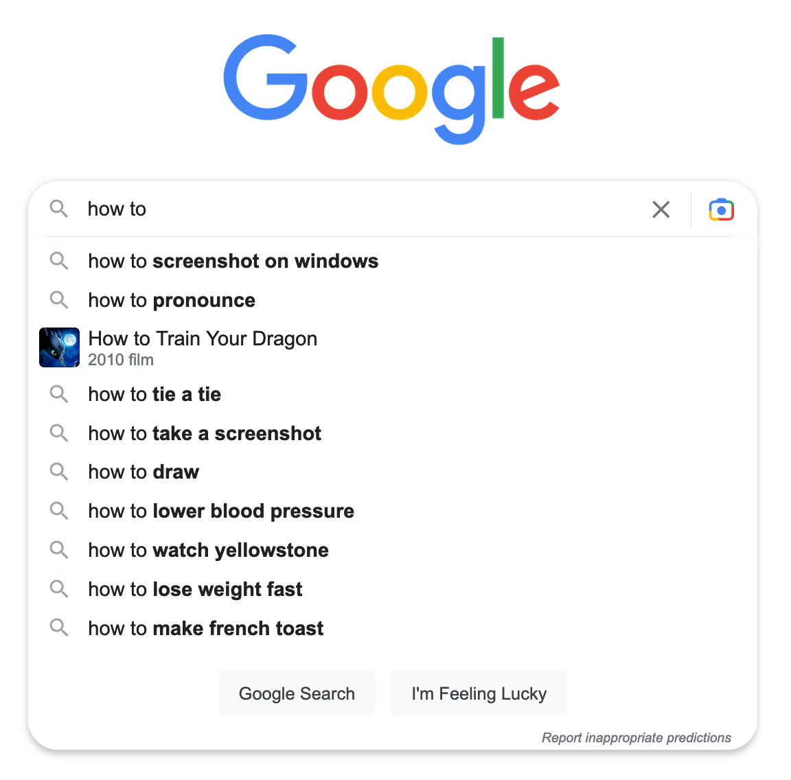 Google search preview with how to typed in and then Google autopopulating some possible questions searchers ask. Such as how to tie a tie or how to draw or how to make french toast and so on.