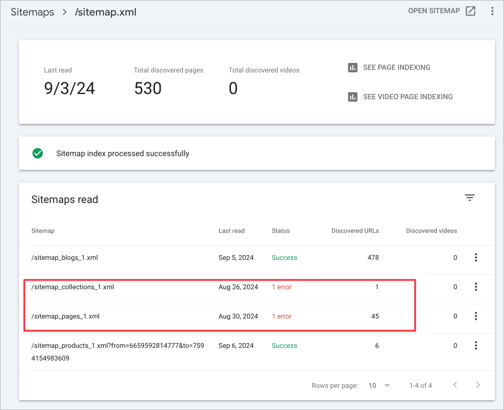 Individual XML sitemaps screenshot from Google Search Console showing blogs and products with a success status and collections and pages with an error status.