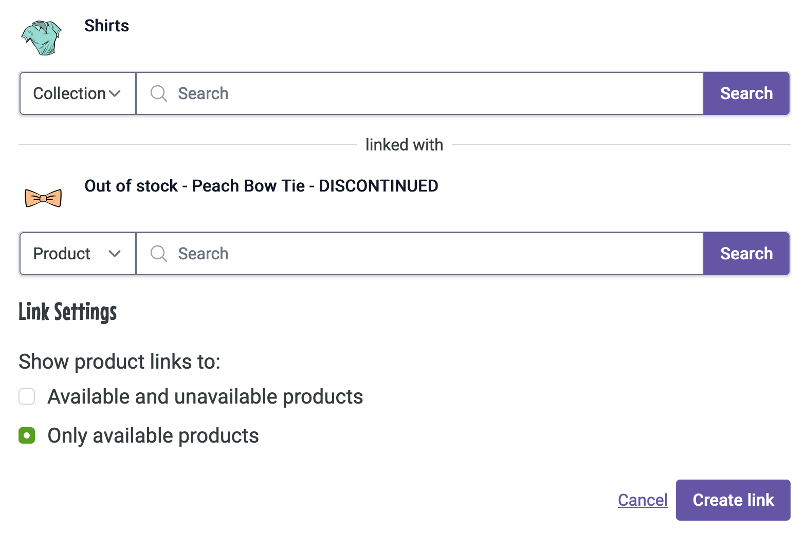 Linking Llama app example of linking from a collection to/from an out of stock product and selecting to only show product links if the product is available.