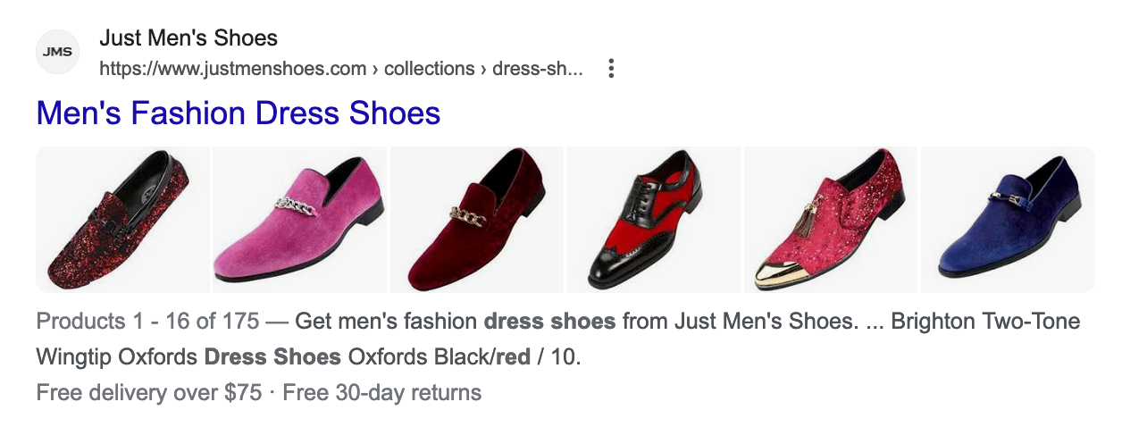 Multi-image thumbnail example for the keyword of red dress shoes. This search result for Just Men's Shoes shows seven different shoes each with their own thumbnail image though not all are red.
