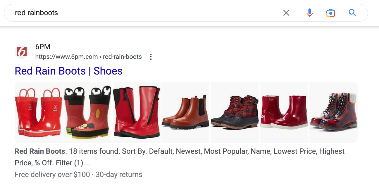 Multi-image thumbnail example for the keyword of red rain boots. This search result for 6pm.com shows the collection title as Red Rain Boots and has seven different red rain boots each with their own thumbnail image.