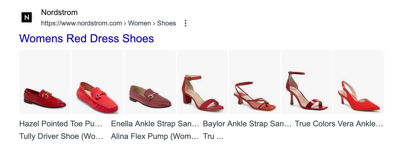 Multi-image thumbnail example for the keyword of red dress shoes. This search result for Nordstrom shows seven different red shoes each with their own thumbnail image.