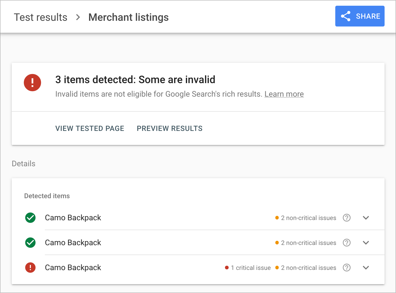 Rich Results Test showing 3 sets of product data in merchant listings, one with an error.