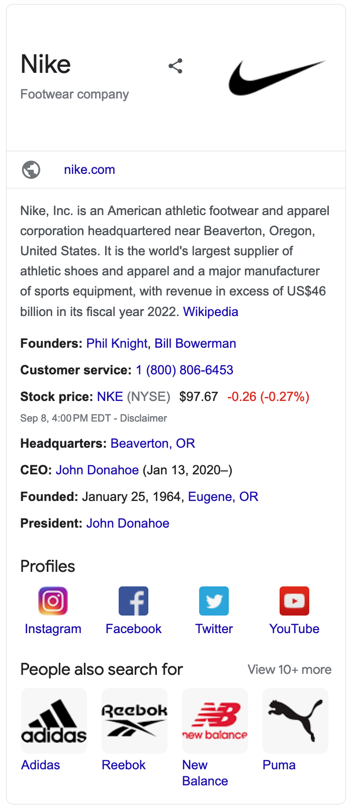 Nike's Google Knowledge Panel as shown in Google Search Results.