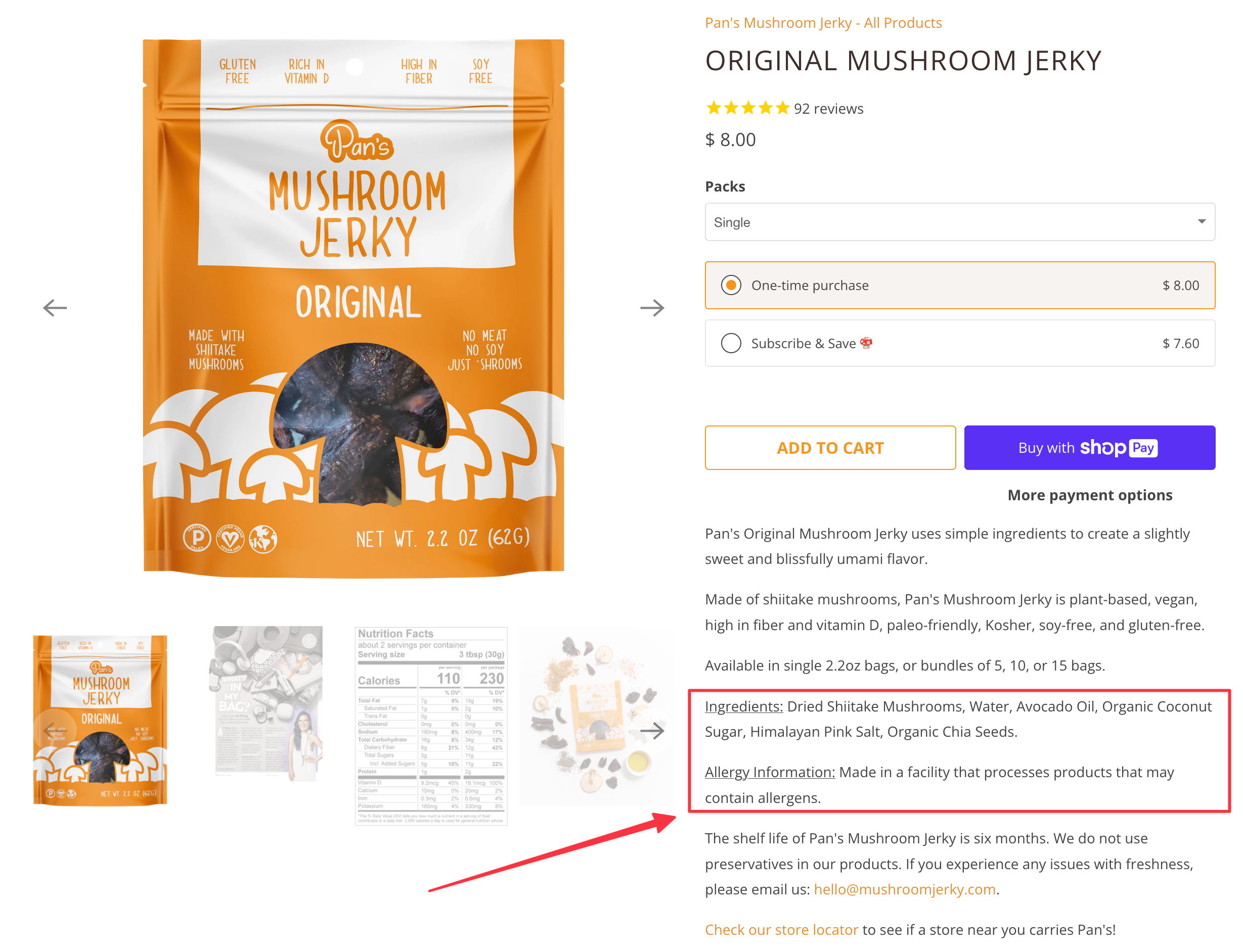 Pan's Mushrooms highlights ingredients and allergen information in their product description.