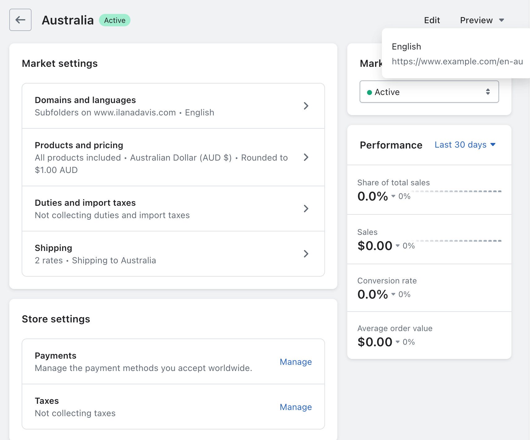 Screenshot of the Australian Market setup and the Preview option selected with a dropdown showing the example.com/en-au URL.