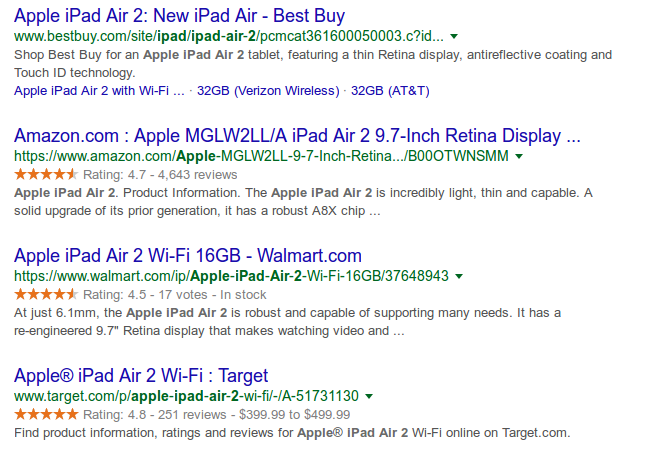 Sample rich snippets for an iPad