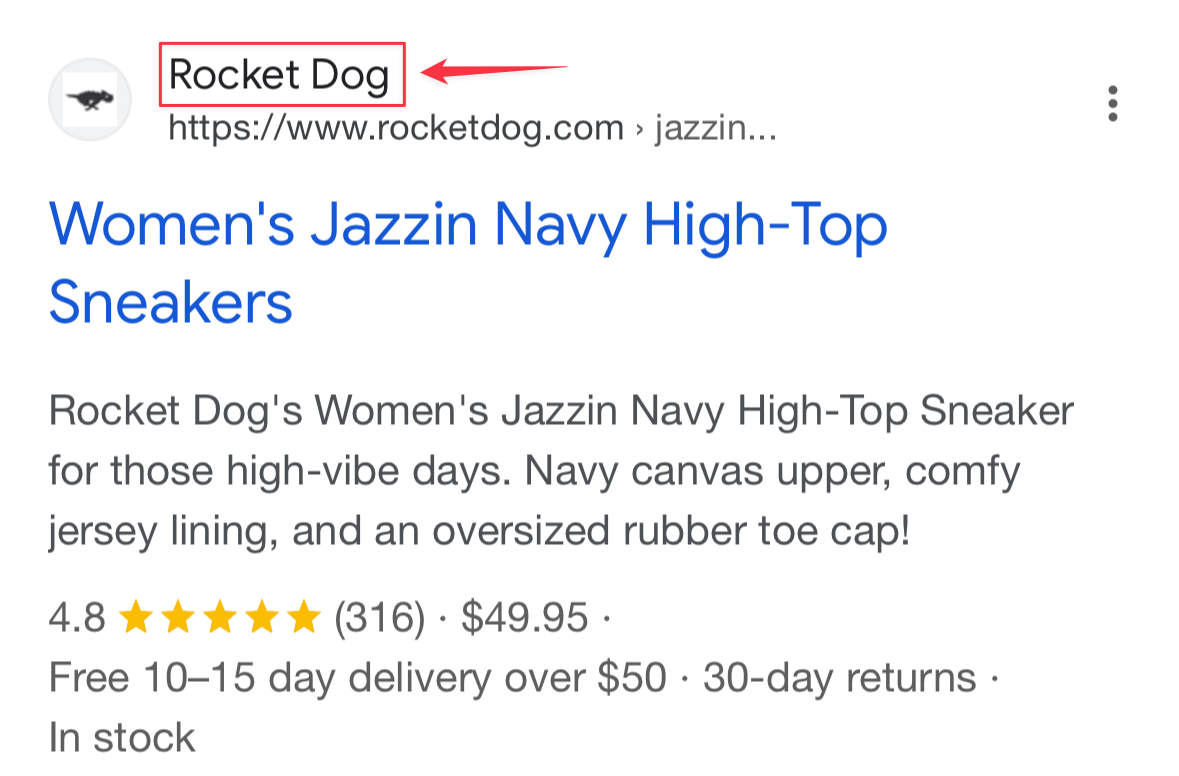 Rocket Dog search result that includes their site name Rocket Dog instead of the website &rocketdog.com