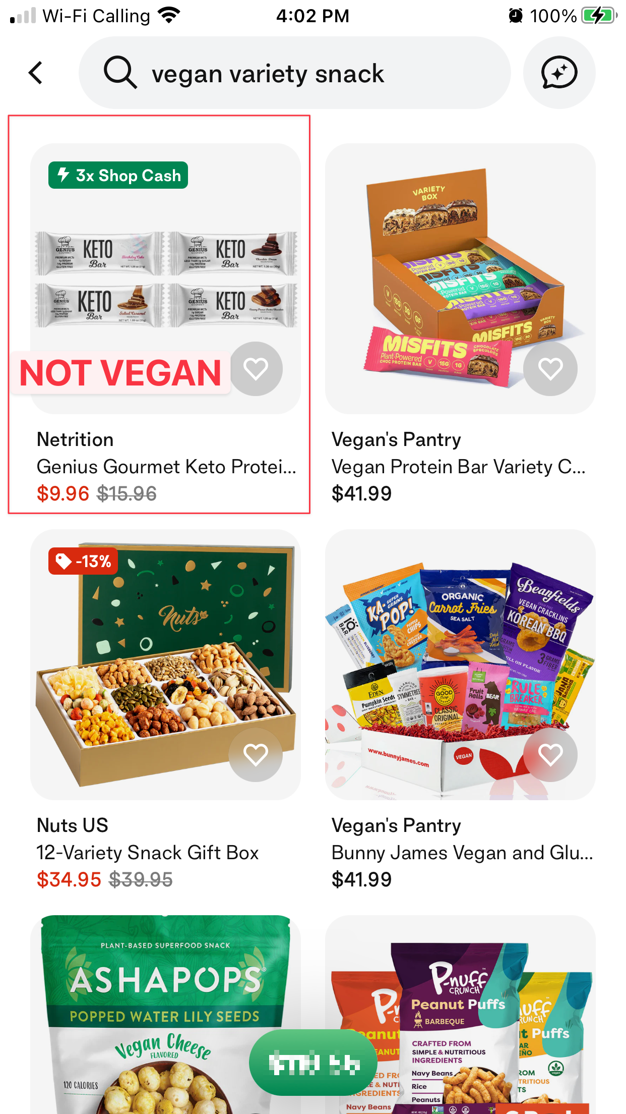 Shop App search result for vegan variety snack. Top left result is a keto bar that is not vegan.