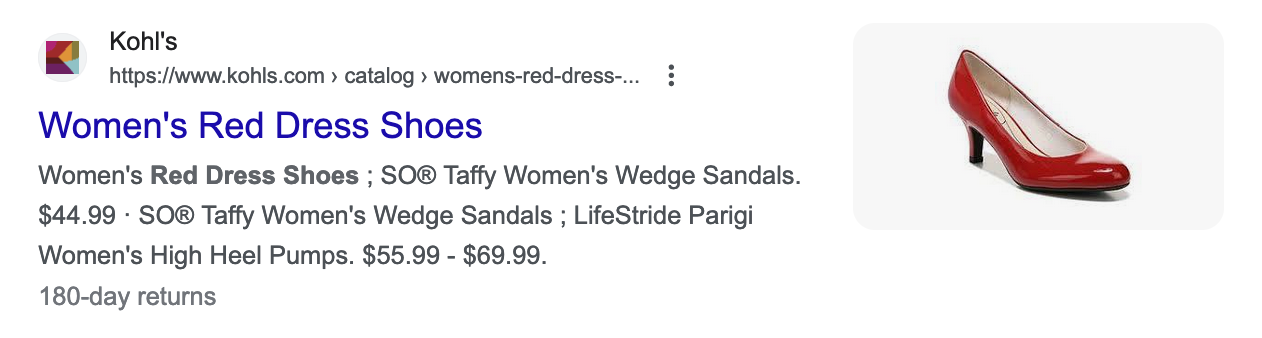 Single-image thumbnail example for the keyword of red dress shoes. This search result for Kohl's shows one single red dress shoe thumbnail image.