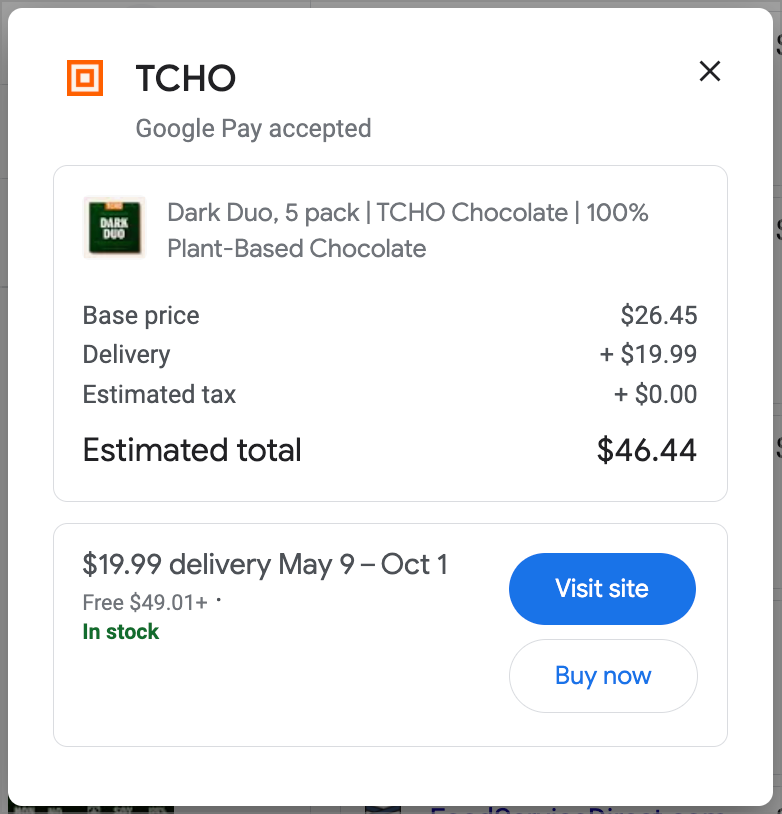 TCHO example of a detailed product view in Google's Shopping Knowledge panel.