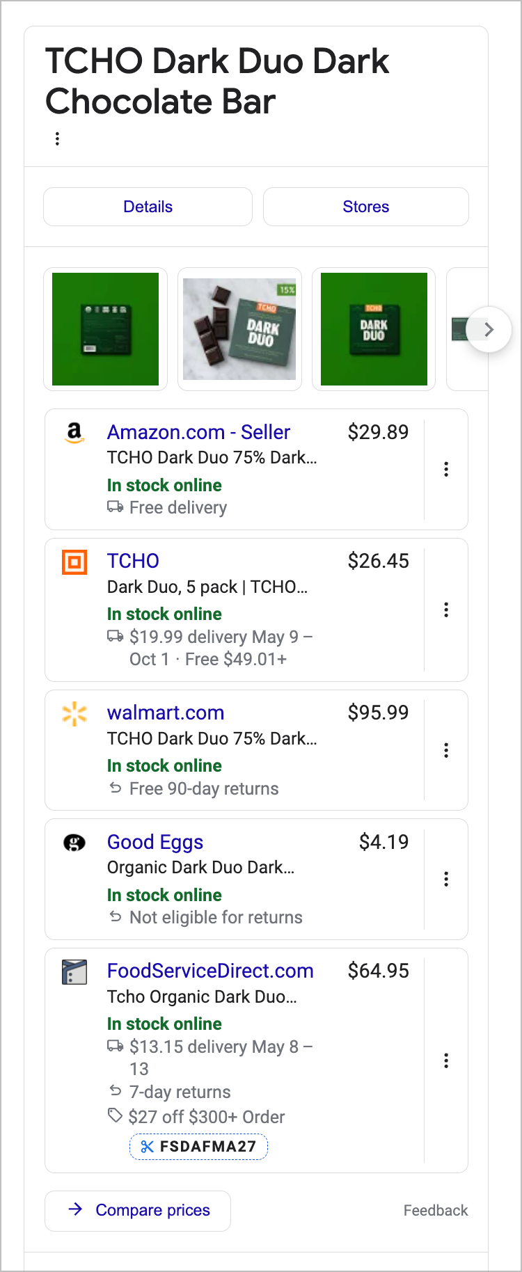 TCHO example of a product in Google's Shopping Knowledge panel.