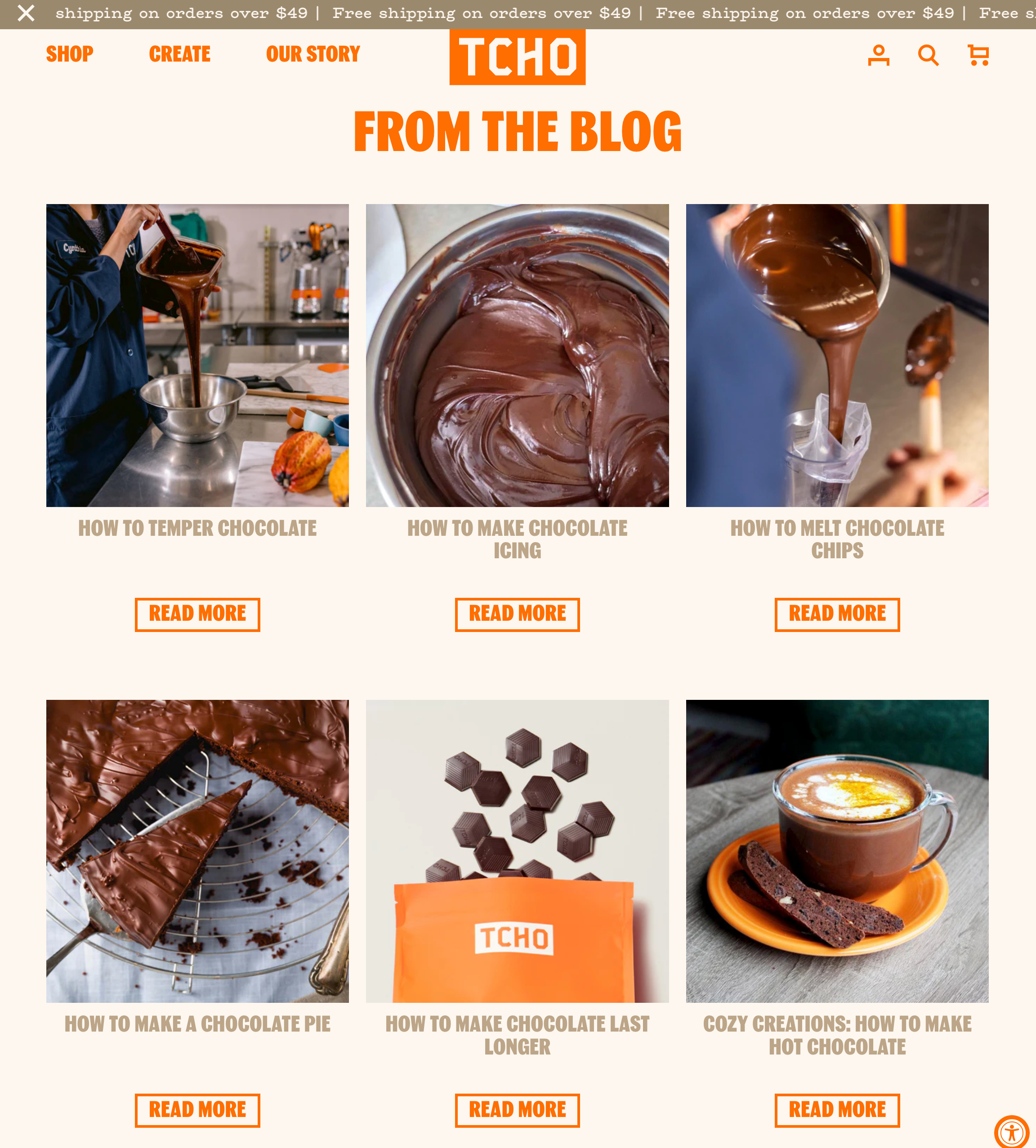 Screenshot of TCHO Cholocate's blog post page highlighting six how-to articles such as how to make chocolate last longer.