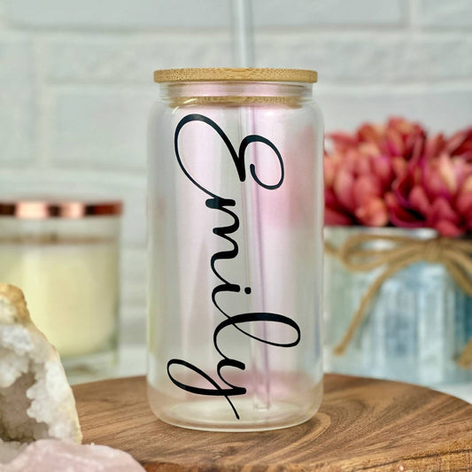 Personalized Boho Glass Can cup, Sublimation Frosted Glass Tumbler, Gifts  for her, Bridal Party Gift, Birthday gift