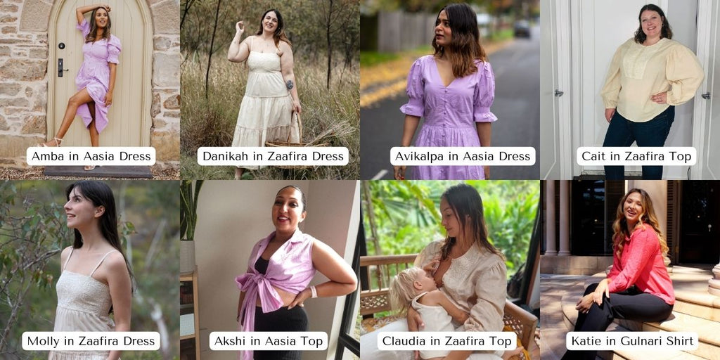 Various women wearing hand embroidered Indi dresses and tops