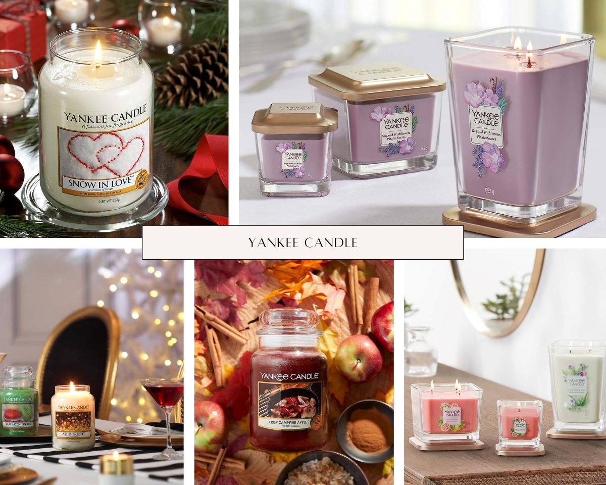 An array of Yankee Candles in stylish holders, enhancing home decor with their inviting scents and elegant designs.