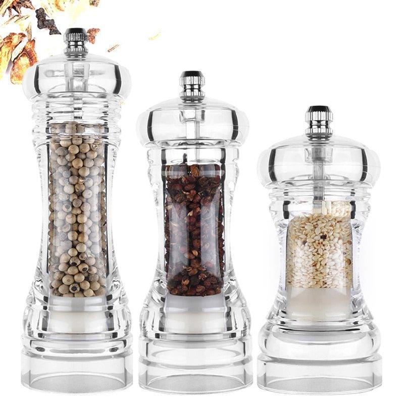 Salt and Pepper Grinder Set, Stainless Steel Sea Salt & Pepper Grinder  Refillable Set, Manual Adjustable Ceramic Salt and Pepper Grinders, Clear  Glass Metal Pepper Mill Set,2pcs Tall 