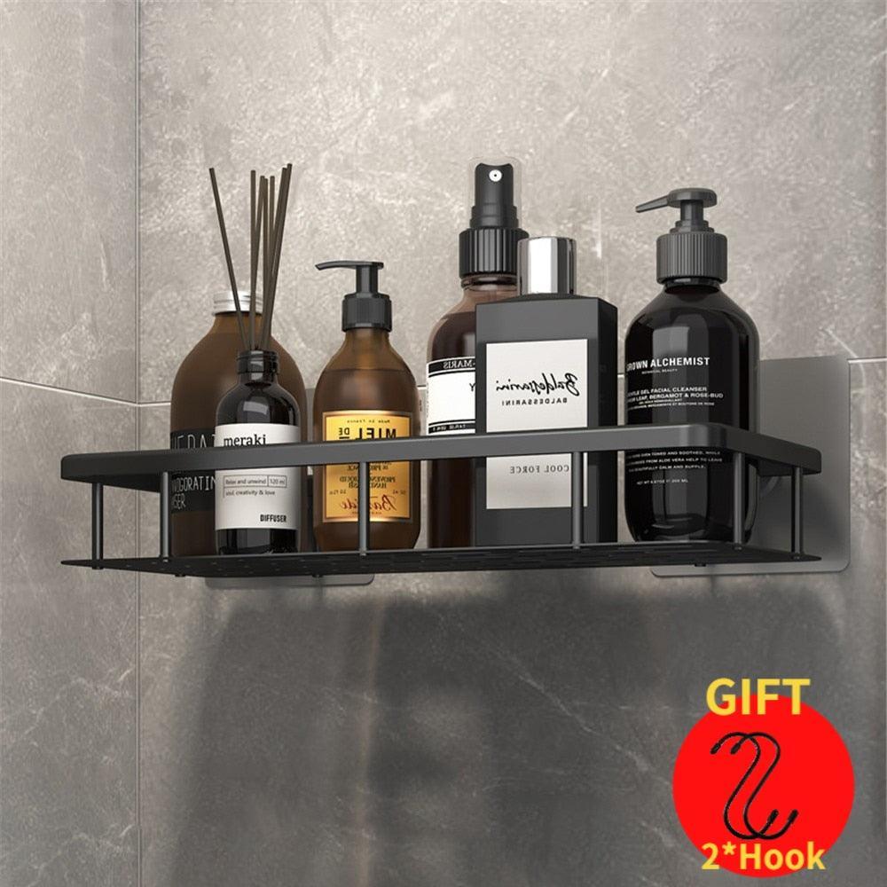 Metal Bathroom Storage Shelf Wall Mounted Black Basket Shelve Shower  Shampoo Rack Holder No Punching Easy Installation ZR2532