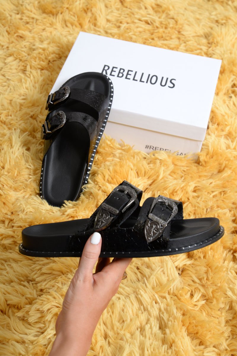 black double buckle sandals