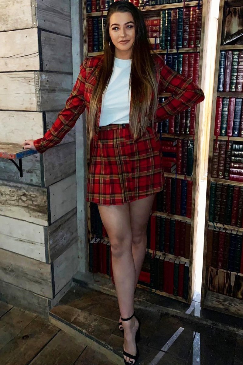 red plaid skirt and blazer