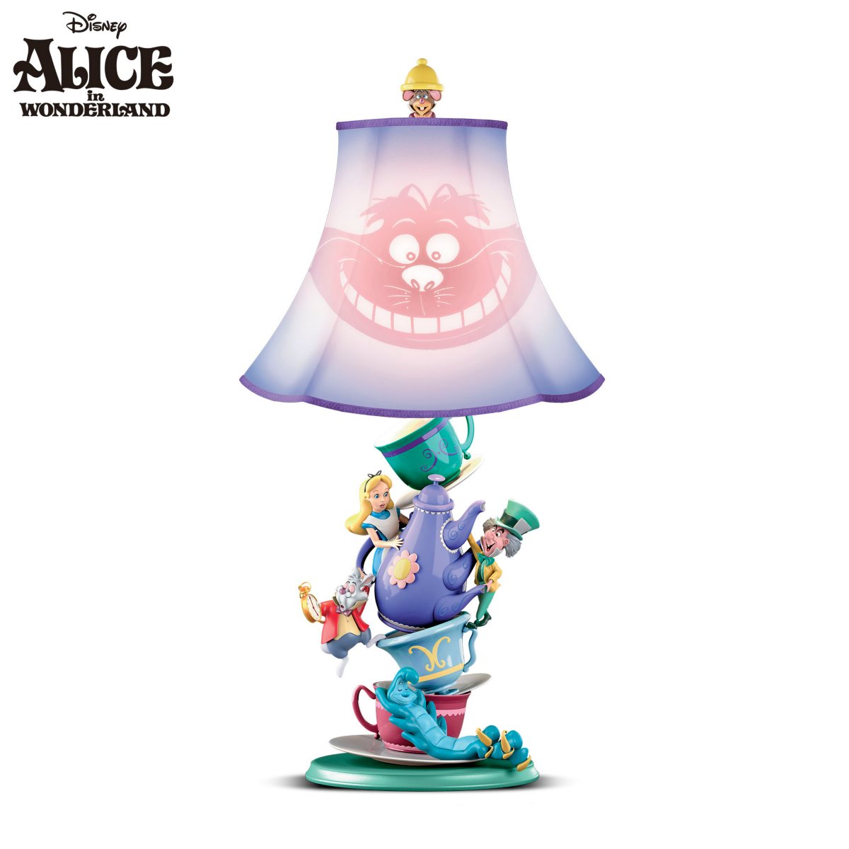 The Bradford Exchange Disney Alice in Wonderland Handmade Sculptural Mad Hatter's Tea Party Table Lamp With Appearing Disappeaing Cheshire Cat Shade 16"-Inches