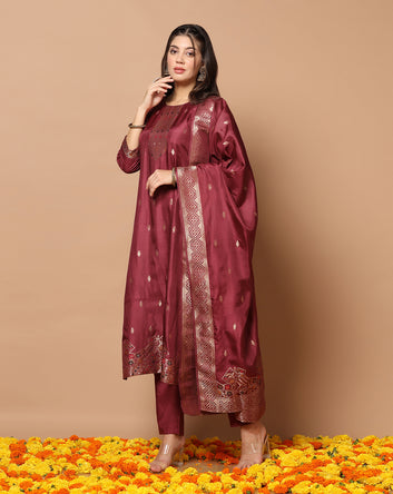 Women's Wine Jacquard Kurta And Pant Set With Dupatta