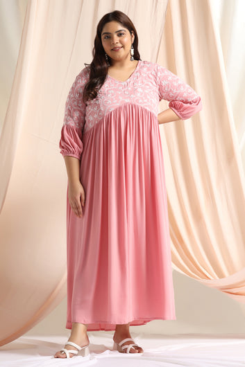 Womens Plus Size Pink Rayon Embroidered Empire Dress