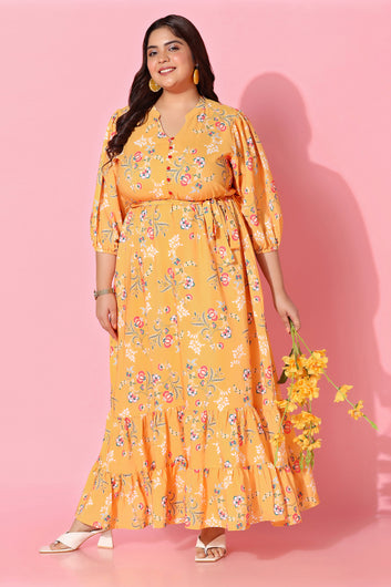 Womens Plus Size Yellow Floral Printed Tiered Maxi Dress