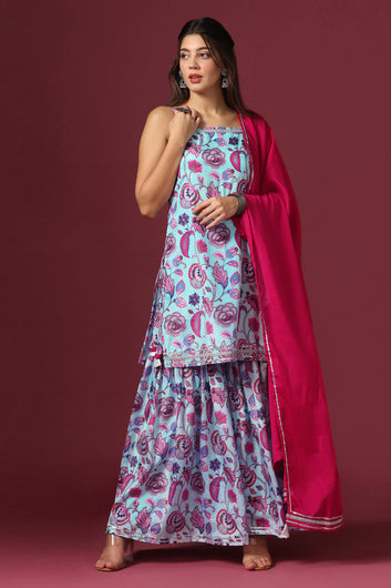 Women’s Sky Floral Printed Kurta And Sharara Set With Dupatta