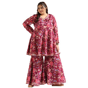 ”women-s-plus-size-wine-floral-printed-kurta-with-sharara-set-fdwset00053-A”