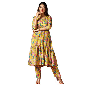 ”women-s-mustard-floral-printed-tiered-kurta-with-pant-set-fdwset00055-A”