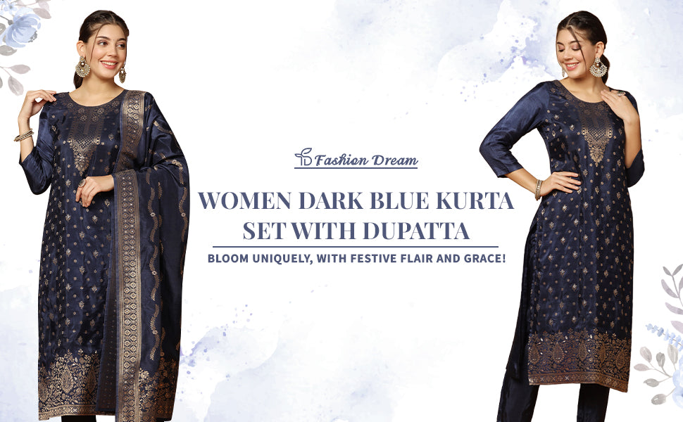 Women's Dark Blue Dola Silk Jacquard Work Kurta Set With Dupatta