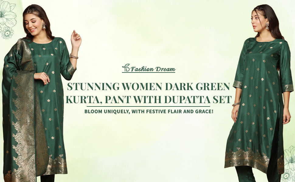 Women's Dark Green Jacquard Kurta And Pant Set With Dupatta