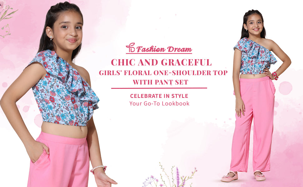 ”Girls Floral Printed One Shoulder Top With Pant Set