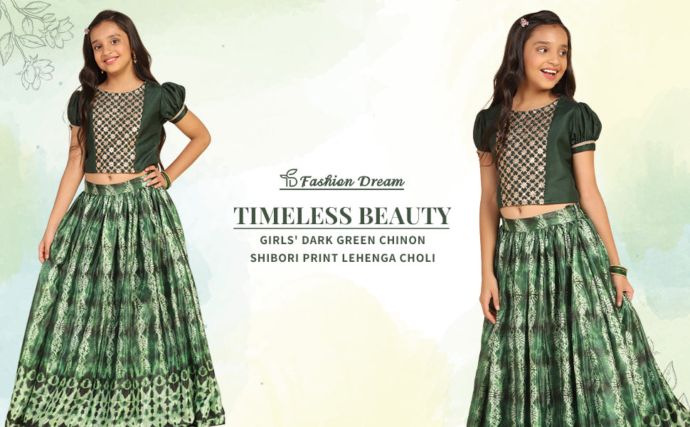 ”Girls Dark Green Chinon Shibori Print Lehenga Choli”