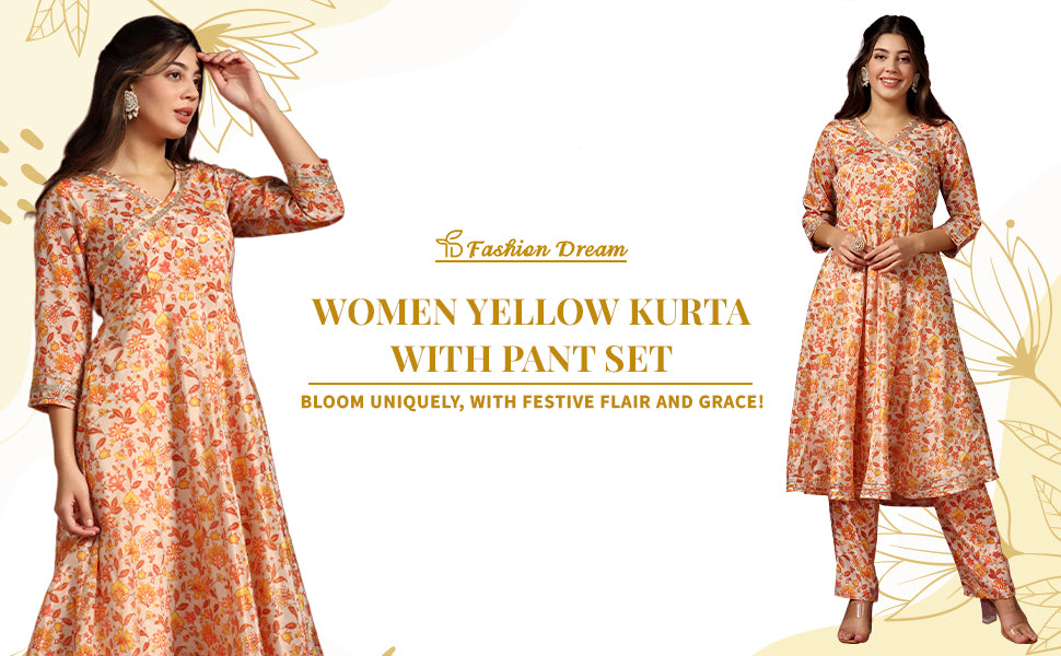 ”Women’s Yellow Floral Printed Kurta With Pant Set”